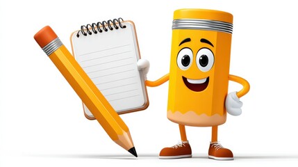 Cartoon Pencil Character with Notepad and Pencil