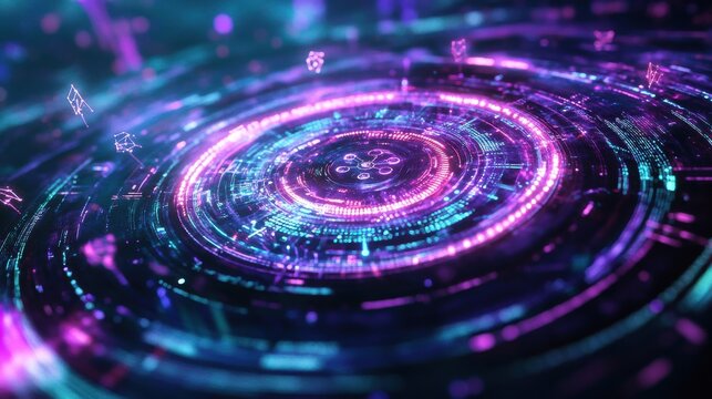 Abstract digital interface with glowing concentric circles at night