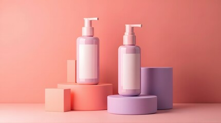 Pastel Pink Bottles with Pump on Geometric Platforms Still Life