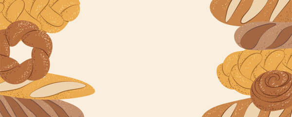 Bakery banner with bread and pastries, perfect for menus, ads, or food promotions.