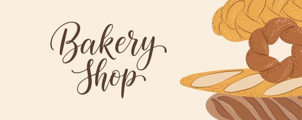 Bakery shop banner with bread and pastries, perfect for store branding or promotions.