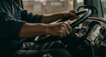Close Up of Professional Male Driver Holding Steering Wheel in Truck Cabin During Journey