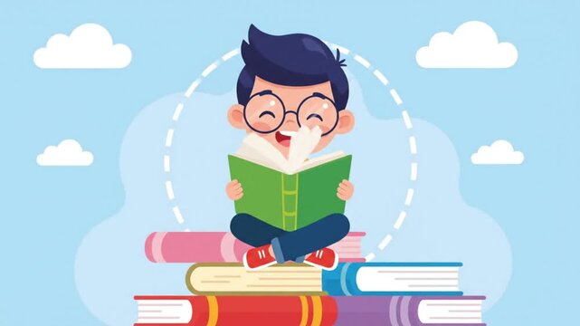 Happy cartoon boy reading book while sitting on stacked books, education animation for kids, study motivation, knowledge, back to school illustration.