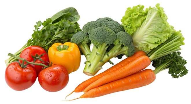 Fresh organic vegetables including tomatoes carrots broccoli lettuce and peppers for healthy eating