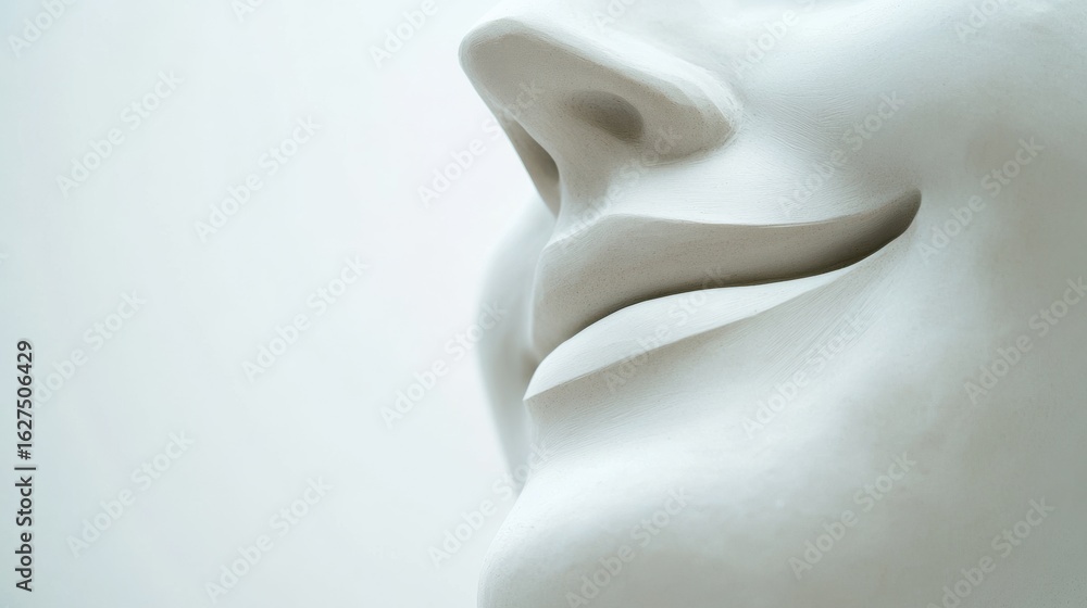Poster smiling sculpture of lower half of face in studio setting