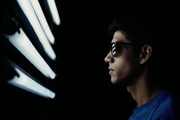 Profile portrait of young man in sunglasses looking at fluorescent lights in a dark setting, featuring reflections and a cool, mysterious atmosphere.