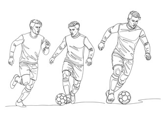 Continuous line drawing of three soccer players preparing to kick a ball.