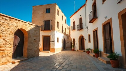 Narrow stone street in historic European old town with ancient buildings and alleyway atmosphere