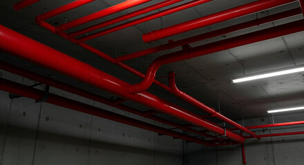 Red Industrial Pipes Against Concrete Ceiling in Modern Architectural Space with Bright Lighting