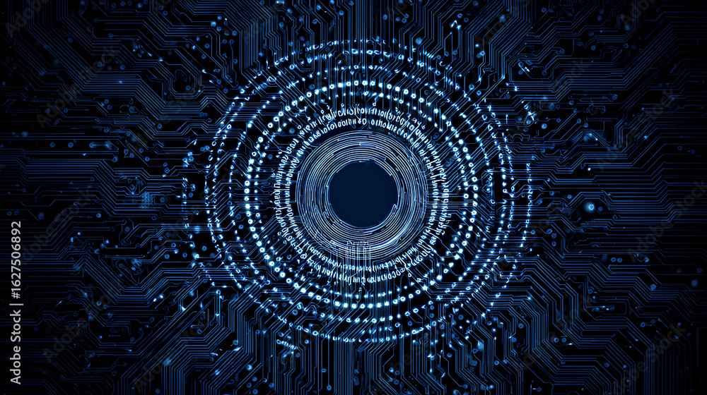 Poster ai technology concept. circle circuit wires on a dark blue motherboard background. big data flow. co