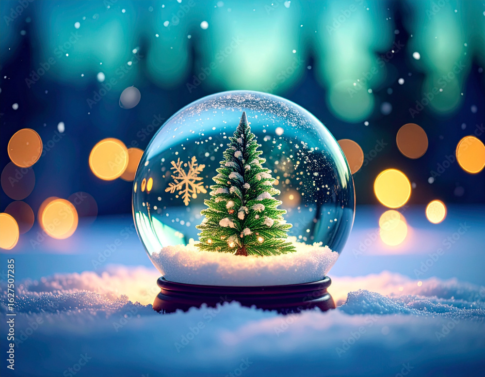 Poster a charming snow globe featuring a traditional christmas tree dusted with snow and delicate snowflake