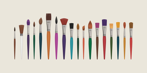 Paintbrushes Icon Set, Flat Vector Illustration Featuring Diverse Brushes with Multiple Bristle Types for Painting, Drawing, and Artistic Accessories