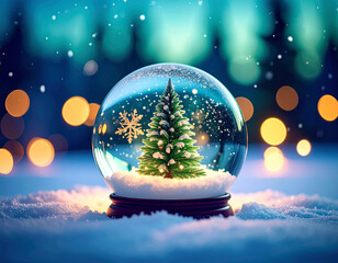 A charming snow globe featuring a traditional Christmas tree dusted with snow and delicate snowflakes falling inside. The globe rests on a snowy base, illuminated by soft golden bokeh lights against a