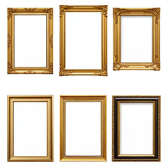 Collection of empty elegant gold ornate vintage photo picture frames with black background