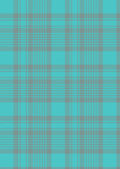 This is a vibrant plaid pattern with a modern twist. The design features a bright turquoise background with intersecting lines and blocks in a neutral gray.