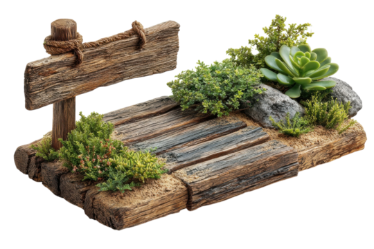 Rustic Wooden Sign Display with Succulent Garden and Wood Planks Nature Flora Background Outdoor
