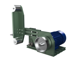 High-Detail 3D Render of Industrial Belt Grinder Machine Component with Blue Electric Motor Assembly – Precision Metalworking and Woodworking Power Tool isolated on Transparent HD Background.