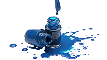 Blue ink spilling from bottle with droplets and reflections on black background for creative design