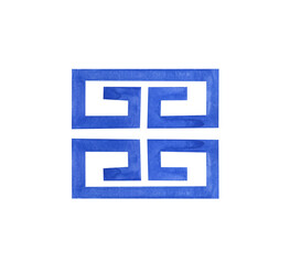 Obraz premium Watercolor illustration of a blue geometric ornament on a white background. Stylized elements of the Greek pattern, hand-drawn. Clipart.