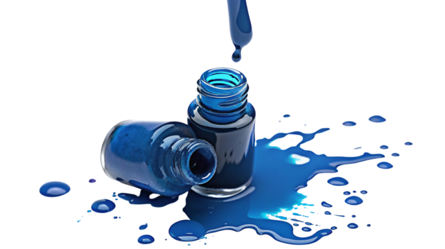 Blue ink spilling from bottle with droplets and reflections on black background for creative design