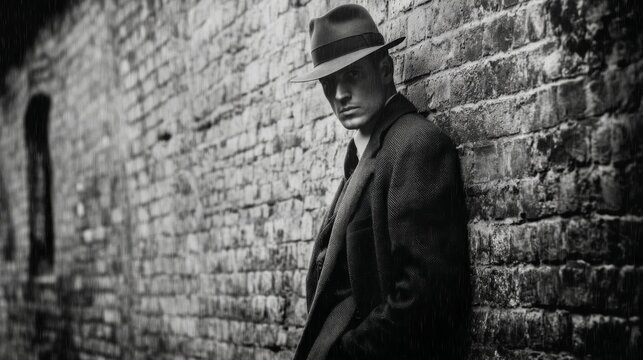 A man in a fedora hat standing against a brick wall