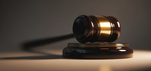 The elegant gavel symbolizing justice in a courtroom setting.