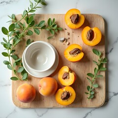 Ripe Orange Peach Halves on Wooden Board with White Bowl and Green Sprigs
