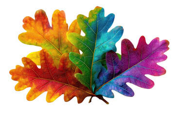 Fototapeta premium Vibrant rainbow oak leaf illustration, colorful watercolor autumn foliage graphic, multicolor botanical design for seasonal branding isolated on Transparent Background