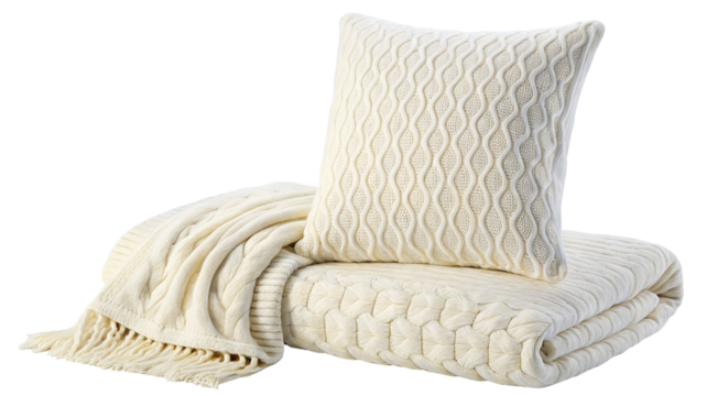 Cozy knitted throw pillow and blanket set in soft cream color for stylish home decor accent piece