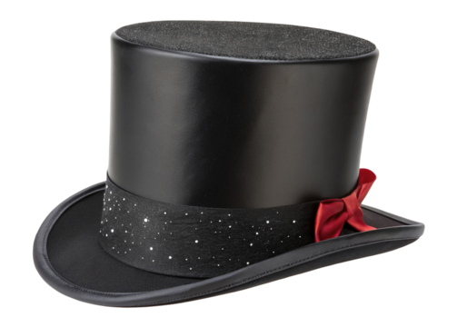 Elegant black top hat with red ribbon and star pattern perfect for formal and magical occasions
