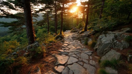 Sunlight filtering through pine trees along a stone path in forest