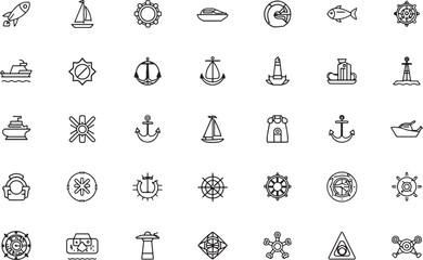 Nautical & Marine Line Icons Set - Sea, Ocean, Sailing, Shipping & Beach Themes © TawhidulIslam