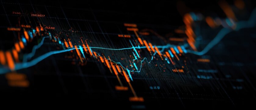 The dynamic market analysis visual with candlestick graphs and trends.