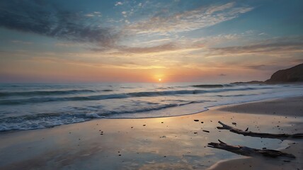 Calm ocean waves washing onto the sandy beach at sunset with driftwood in the foreground view