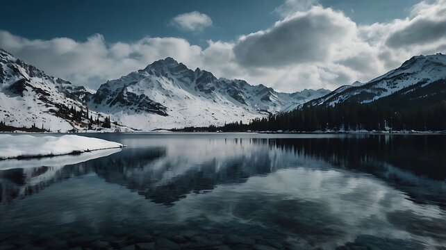 Serene lake reflecting snow capped mountains under a cloudy sky creating a scenic landscape view - Powered by Adobe