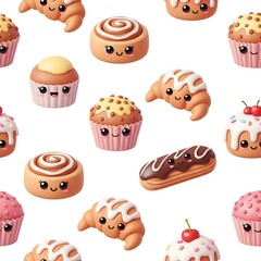 Seamless vector pattern of kawaii bakery treats. Croissants, cinnamon rolls, muffins, eclairs.