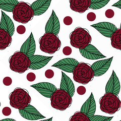 Seamlessly Patterned Rose Flowers with Leaves and Polka Dots. perfect for artistic and decorative design applications.