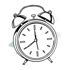 Retro 1960s twin bell alarm clock illustration with a classic design featuring bold colors and typography for vintage appeal