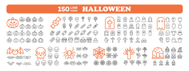 Halloween line icons set. 150 Minimal outline elements on transparent background