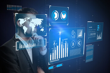 Business professional analyzing data on futuristic digital interface with graphs and charts