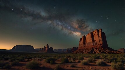 Night landscape featuring monument valley under a starry sky with a visible milky way band
