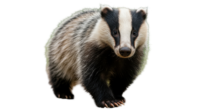 A close-up of a badger walking through a natural habitat with greenery in the background