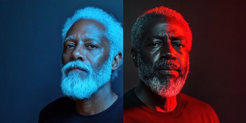 Portrait of an elderly Black man with a gray beard, contrasting blue and red lighting enhancing his features and creating a dramatic mood.,contrast, comparison