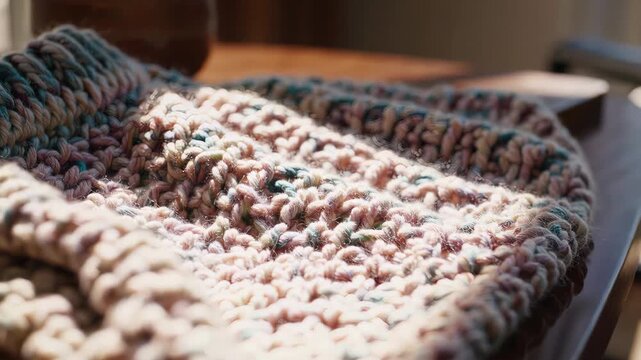 Soft pastel knitted fabric folded neatly on table with blurred background and indoor lighting. Cozy domestic atmosphere