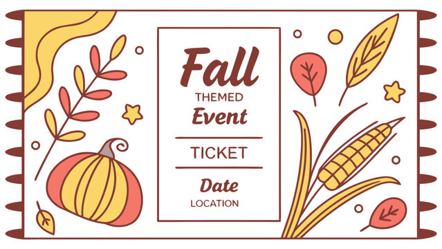 Charming fall themed event ticket design featuring autumnal elements like pumpkins leaves and corn perfect for seasonal celebrations
