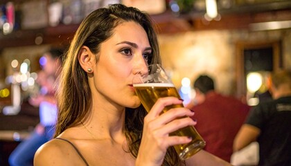 beautiful young woman drinking beer, AI generated