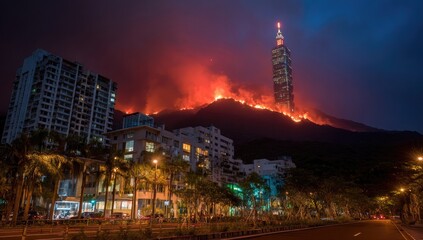 Naklejka premium City skyline at night, wildfire ablaze on mountain