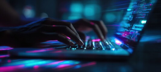 The hands of a programmer typing on a laptop in a colorful digital environment.