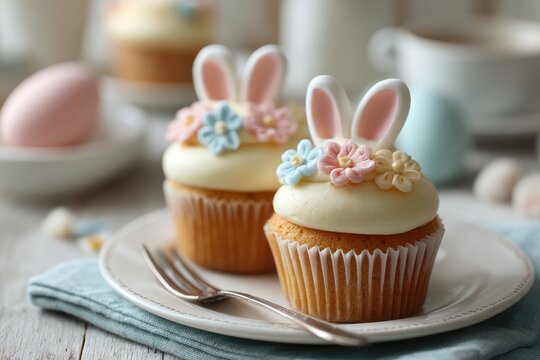 Vibrant group of children participating in a colourful easter cupcake hunt detailed invitation to a party indoor environment joyous celebration