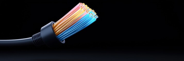 Glowing fiber optic cables illuminating data transmission, symbolizing advanced global communication networks and high speed internet connectivity
